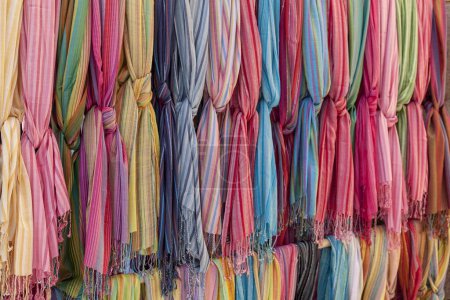 Colored cloths for sale, street market Sineu, Majorca, Balearic Islands