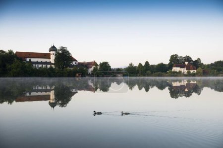 Early morning at Seeon Abbey on an island in Seeoner See Lake, Seeon-Seebruck, Chiemgau, Upper Bavaria, Bavaria, Germany, Europe