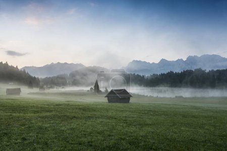 Morning mist, Geroldsee or Wagenbrchsee, Karwendel behind, Germany, Europe 