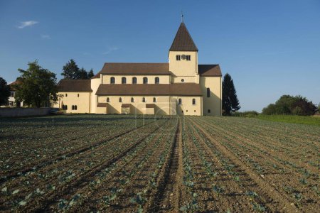 St. George and vegetable fields, Reichenau Island, Lake Constance, Baden-Wrttemberg, Germany, Europe 