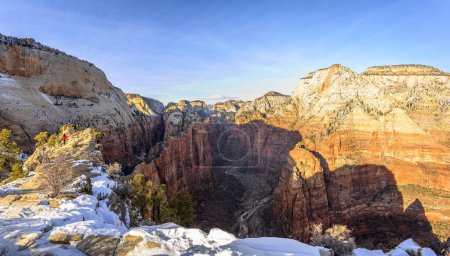 View from Angels Landing towards Zion Narrows on Virgin River, Zion Canyon, Angels Landing Trail, in winter, mountain landscape, Zion National Park, Utah, USA, North America
