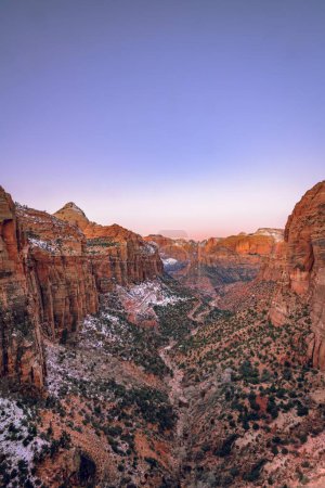 View from Canyon Overlook into Zion Canyon with snow, at sunrise, back left Bridge Mountain, Zion National Park, Utah, USA, North America