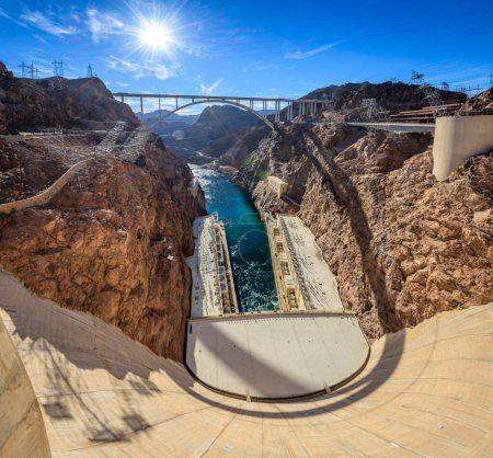 View of the Hoover Dam Bypass Bridge and Dam from the Hoover Dam, Hoover Dam, Dam, near Las Vegas, Colorado River, Lake Mead, Boulder City, former Junction City, Arizona Border, Nevada, USA border