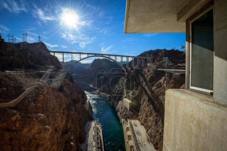 View of the Hoover Dam Bypass Bridge from the Hoover Dam, Hoover Dam, Dam, near Las Vegas, Colorado River, Boulder City, formerly Junction City, Arizona Border, Nevada Border, USA, North America