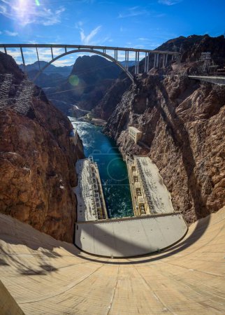 View of the Hoover Dam Bypass Bridge and Dam from the Hoover Dam, Hoover Dam, Dam, near Las Vegas, Colorado River, Boulder City, formerly Junction City, Arizona border, Nevada border, USA, North America