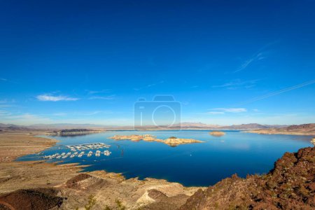 Lake Mead Lakeview Overlook, view over the lake and Lake Mead Marina, near Hoover Dam, Boulder City, formerly Junction City, Nevada, USA, North America