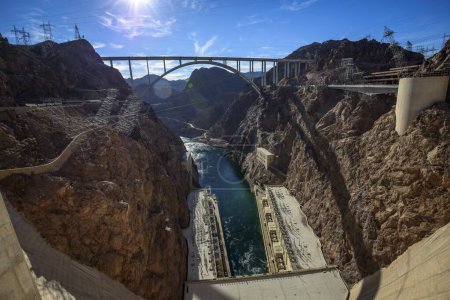 View of the Hoover Dam Bypass Bridge and Dam from the Hoover Dam, Hoover Dam, Dam, near Las Vegas, Colorado River, Boulder City, formerly Junction City, Arizona border, Nevada border, USA, North America