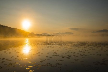 Sunrise, Hopfensee Lake, near Fuessen, Ostallgaeu, Allgaeu, Upper Swabia, Swabia, Bavaria, Germany, Europe