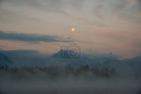 Early morning at full moon, Lake Hopfensee in Fuessen, Ostallgaeu, Allgaeu, Upper Swabia, Swabia, Bavaria, Germany, Europe