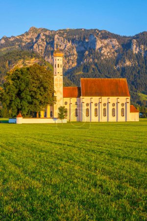 Baroque church St. Coloman, in the back mountain range Tegelberg, Schwangau, Ostallgaeu, Allgaeu, Swabia, Bavaria, Germany, Europe