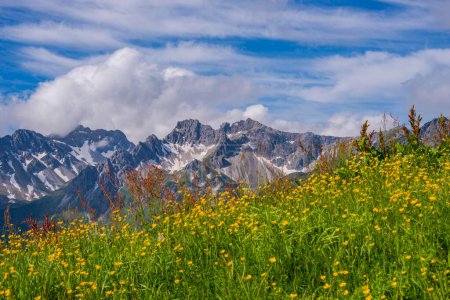 Vue du Fellhorn, montagnes Schuesser, 2259m, Hochgehrenspitze, 2251m, et Hammerspitze, 2170m, Oberallgaeu, Bavière, Allemagne, Europe