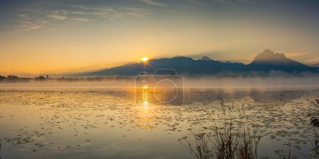 Salida del sol, Lago Hopfensee, cerca de Fuessen, Ostallgaeu, Allgaeu, Alta Suabia, Suabia, Baviera, Alemania, Europa