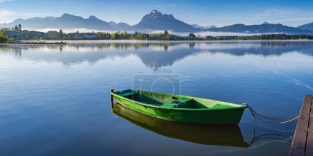 Green rowboat, lake Hopfensee, Hopfen am See, near Fuessen, Ostallgaeu, Allgaeu, Bavaria, Germany, Europe