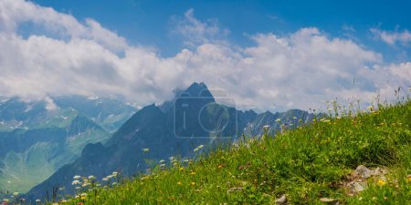 Mountain panorama from the Laufbacher Eck-Weg, a panoramic mountain trail from the Nebelhorn into the Oytal, behind the Hoefats, 2259m, Allgaeu Alps, Allgaeu, Bavaria, Germany, Europe