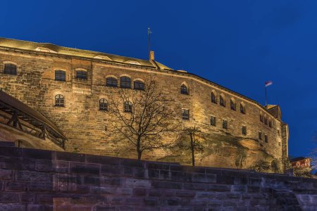 Illuminated Nuremberg Castle in the evening, Tiergaertnertorplatz, Nuremberg, Middle Franconia, Bavaria, Germany, Europe
