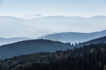 Staggered mountain ranges in the haze, near Hohneck, Col de la gorge, Vosges, Alsace-Lorraine, France, Europe