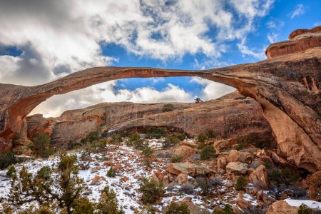 Landscape Arch with snow, Devil's Garden Trail, Arches National Park, Utah, USA, North America
