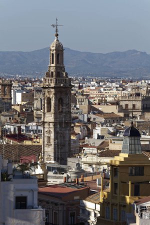 City view Ciutat Vella, Old Town, church tower Santa Caterina, View from Mirador Ateneo Mercantil, Valencia, Spain, Europe