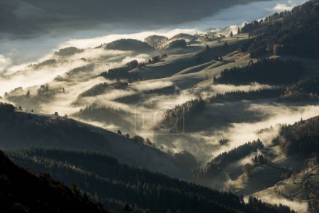 View from Belchen in south direction into the Wiesental valley, morning mood with fog, Black Forest, Baden-Wrttemberg, Germany, Europe 