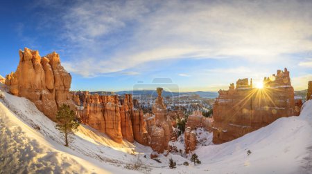 Rock formation Thors Hammer at sunrise, bizarre snowy rock landscape with Hoodoos in winter, Navajo Loop Trail, Bryce Canyon National Park, Utah, USA, North America