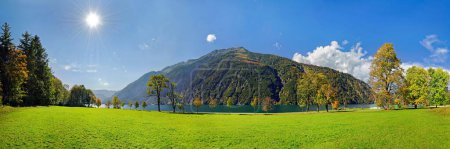 Prairie verte avec lac Achensee et arbres à feuilles caduques de couleur automne, Achenkirch, montagnes Rofan, Achensee, Tyrol, Autriche, Europe
