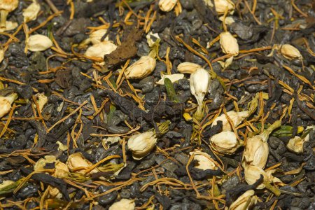 Tea blend, jasmine blossoms with green Gunpowder tea, Lotus Plumule (Nelumbo nucifera Gaertn.) and white lotus tea, Thailand, Asia