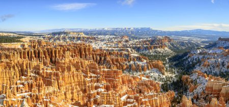 View of the amphitheatre, snow-covered bizarre rocky landscape with Hoodoos in winter, Inspiration Point, Bryce Canyon National Park, Utah, USA, North America