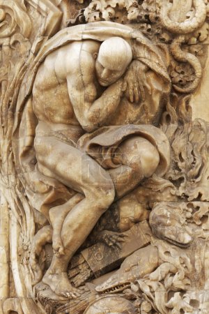 Mythologische Figur auf dem Portal, Rokokopalast, Palau del Marqus de Dosaiges, Ciutat Vella, Altstadt, Valencia, Spanien, Europa 