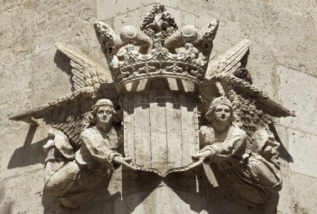 Angel with city coat of arms, relief, Gothic facade, Silk Exchange, Llotja de la Seda, Old Town, Ciutat Vella, Valencia, Province of Valencia, Spain, Europe