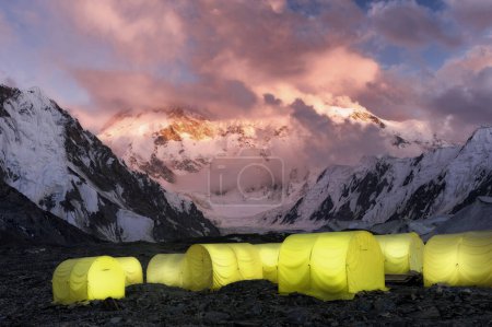 Khan Tengri Glacier viewed at sunset from the Base Camp,  Central Tian Shan Mountain range, Border of Kyrgyzstan and China, Kyrgyzstan, Asia