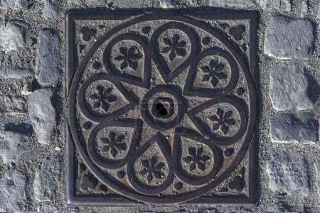 Manhole cover with floral pattern, Bamberg, Upper Franconia, Bavaria, Germany, Europe