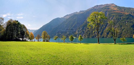 Pradera verde con lago Achensee y árboles deciduos de color otoñal, Achenkirch, Montañas Rofan, Achensee, Tirol, Austria, Europa