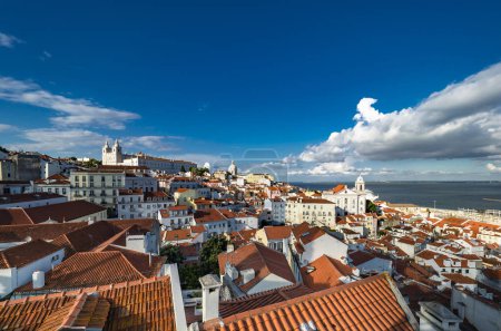 View from Miradouro Santa Luzia to the old town, at the back monastery church So Vincente de Fora, district Alfama, Lisbon, Portugal, Europe 