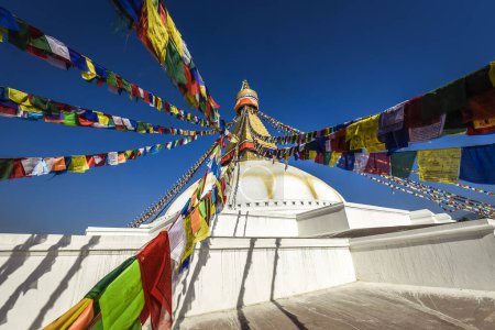 Drapeaux de prière à Boudhanath Stupa, Boudha, Bouddhisme tibétain, Katmandou, Népal, Asie