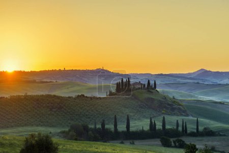 Tuscany landscape with cypresses and farmstead, sunrise, San Quirico d