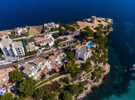Drone shot, Cala Pi bay, rocky coast, Tore de Cala Pi, municipality of Llucmajor, Majorca, Balearic Islands, Spain, Europe