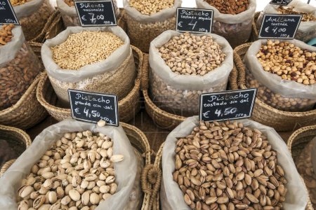 Various nuts for eating, street market in SArenal, Majorca, Balearic Islands, Spain, Europe