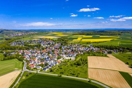 Drone shot, agriculture with cereal fields and flowering rape fields, Usingen, Schwalbach, Hochtaunuskreis, Hesse, Germany, Europe