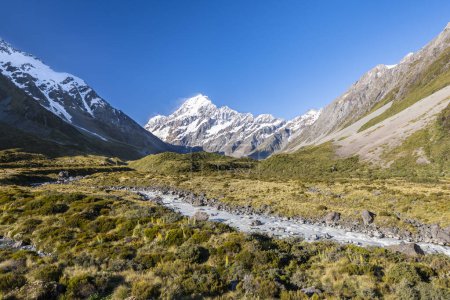 Hooker Valley with views of Mount Cook, Hooker River, Mount Cook National Park, Southern Alps, Canterbury, South Island, New Zealand, Oceania
