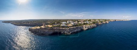 Drone shot, Cala Pi bay, rocky coast, Tore de Cala Pi, municipality of Llucmajor, Majorca, Balearic Islands, Spain, Europe