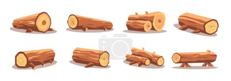 Illustration for Wood log and trunk illustration set. Wooden lumber material in cartoon style. Logs, firewood, branches icon vector - Royalty Free Image