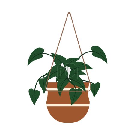 Illustration for Green plant in hanging pot planter, flat icon vector illustration - Royalty Free Image