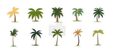 Téléchargez les illustrations : Ensemble de palmiers colorés, vecteur d'illustration plat dessin animé - en licence libre de droit