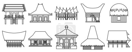 Illustration for Indonesian traditional house collection, set of rumah adat vector illustration in line art style - Royalty Free Image