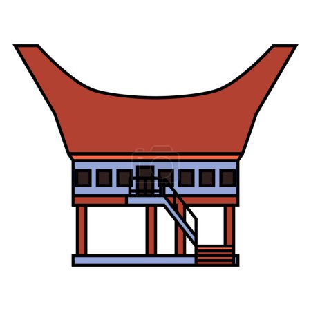 Téléchargez les illustrations : Rumah adat tongkonan, maison traditionnelle de toraja sulawesi selatan indonesia, illustration vectorielle de style dessin animé isolée sur blanc - en licence libre de droit