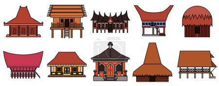 Collection of rumah adat Indonesia, Indonesian traditional house vector illustration