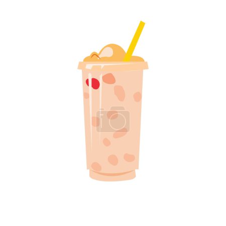 Strawberry milk bubble tea, pink boba tapioca pearls, vector illustration