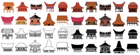 Rumah adat Indonesia, Mega-Sammlung traditioneller indonesischer Häuser, Vektorillustration