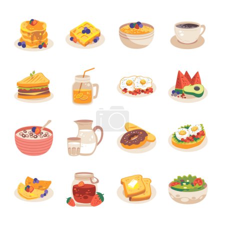 Téléchargez les illustrations : Nourriture pour le petit déjeuner illustration vectorielle. Petit déjeuner sain dans le style dessin animé. Babeurre, crêpe, flocons, porridge, café, sandwich, sandwichs, jus d'orange, œufs frits - en licence libre de droit