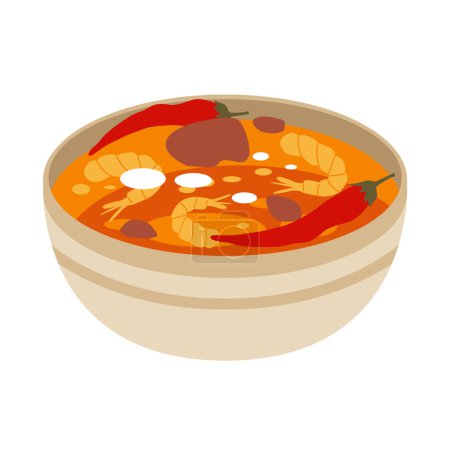 Téléchargez les illustrations : Soupe épicée de crevettes chili dans un bol, illustration vectorielle plate - en licence libre de droit